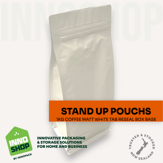 1KG COFFEE MATT WHITE VALVE TAB RESEAL BOX BOTTOM POUCH 135X345X50