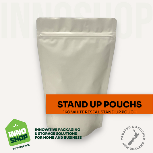 1KG WHITE MATT RESEAL STAND UP POUCH 160X270X45