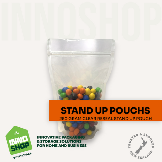 250 GRAM CLEAR RESEAL STAND UP POUCH 120X190X35
