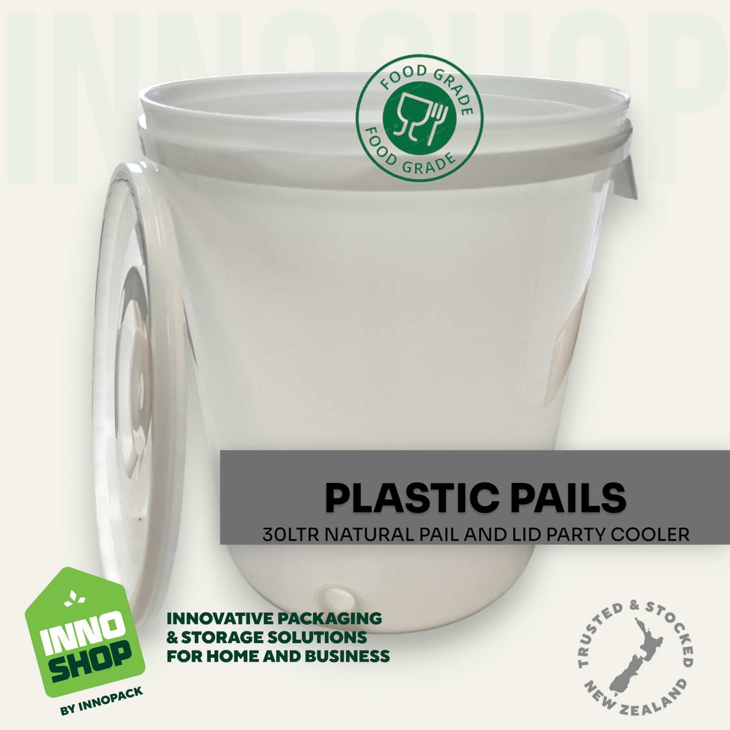 30LTR NATURAL PLASTIC PAIL & LID COOLER PARTY PAIL