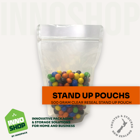 500 GRAM CLEAR RESEAL STAND UP POUCH 140X210X40