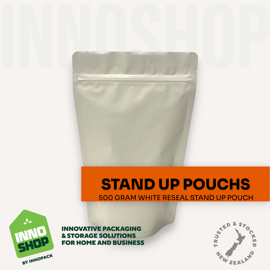 500 GRAM MATT WHITE RESEAL STAND UP POUCH 140X210X40