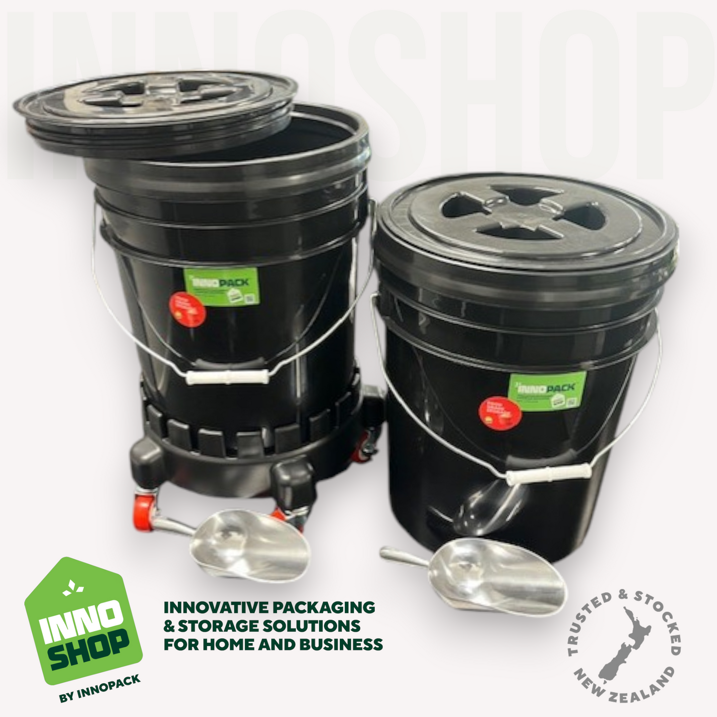 20L BLACK-OUT STORAGE PAIL & GAMMA SEAL SCREW LID & 350ML ALUMINIUM SCOOP & TROLLEY