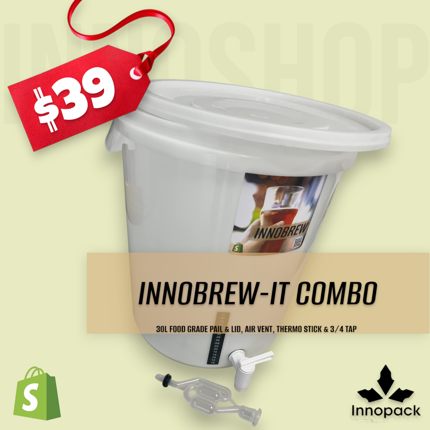 INNOBREW IT 30L FERMENTER KIT - PAIL LID TAP AIRLOCK, THERMO-STICK & BLACK GROMMET