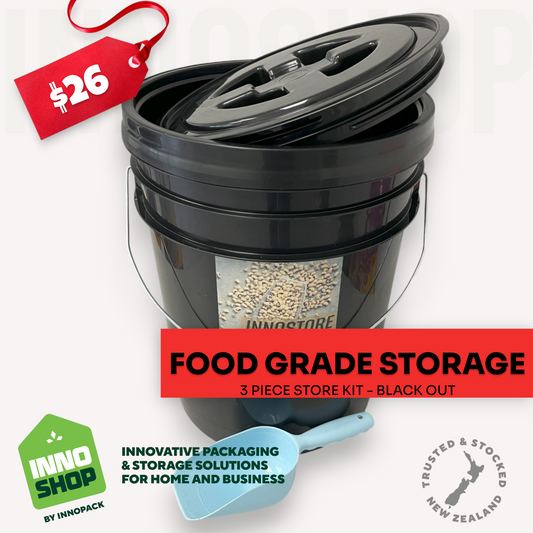 20L BLACK-OUT FOOD STORAGE PAIL & RUBBER SEAL SCREW LID + 1-CUP SCOOP - 3 PIECE