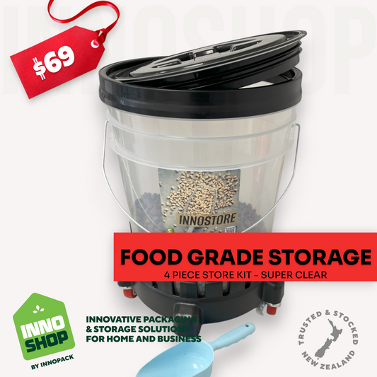 20L FOOD STORAGE PAIL & RUBBER SEAL SCREW LID, 1-CUP SCOOP & TROLLEY - 4PIECE
