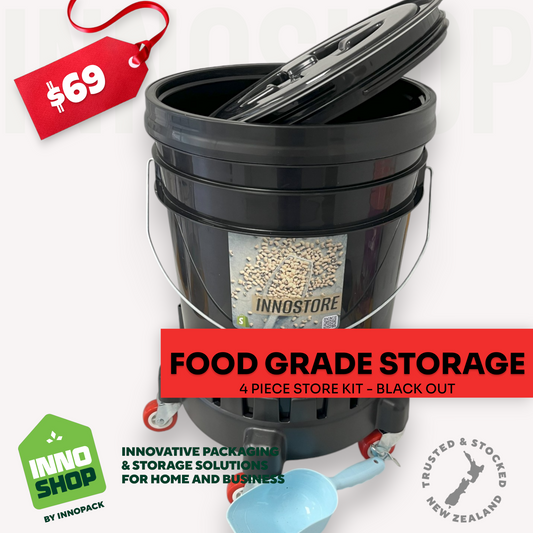 20L BLACK-OUTFOOD STORAGE PAIL & RUBBER SEAL SCREW LID, 1-CUP SCOOP & TROLLEY - 4PIECE