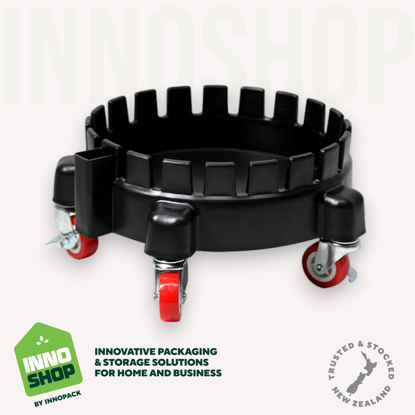 20L BLACK-OUTFOOD STORAGE PAIL & RUBBER SEAL SCREW LID, 1-CUP SCOOP & TROLLEY - 4PIECE