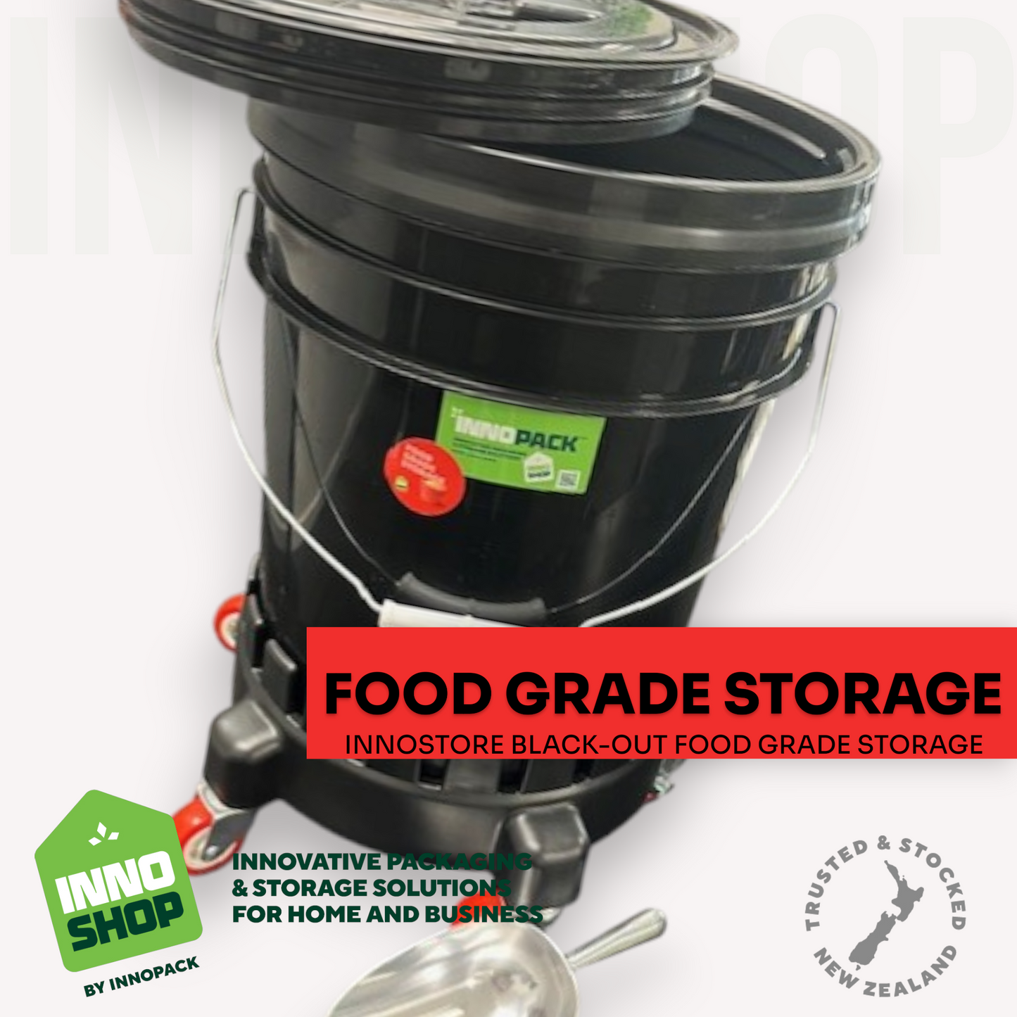 20L BLACK-OUT STORAGE PAIL & GAMMA SEAL SCREW LID & 350ML ALUMINIUM SCOOP & TROLLEY