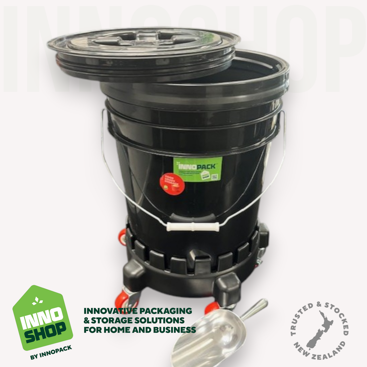 20L BLACK-OUT STORAGE PAIL & GAMMA SEAL SCREW LID & 350ML ALUMINIUM SCOOP & TROLLEY