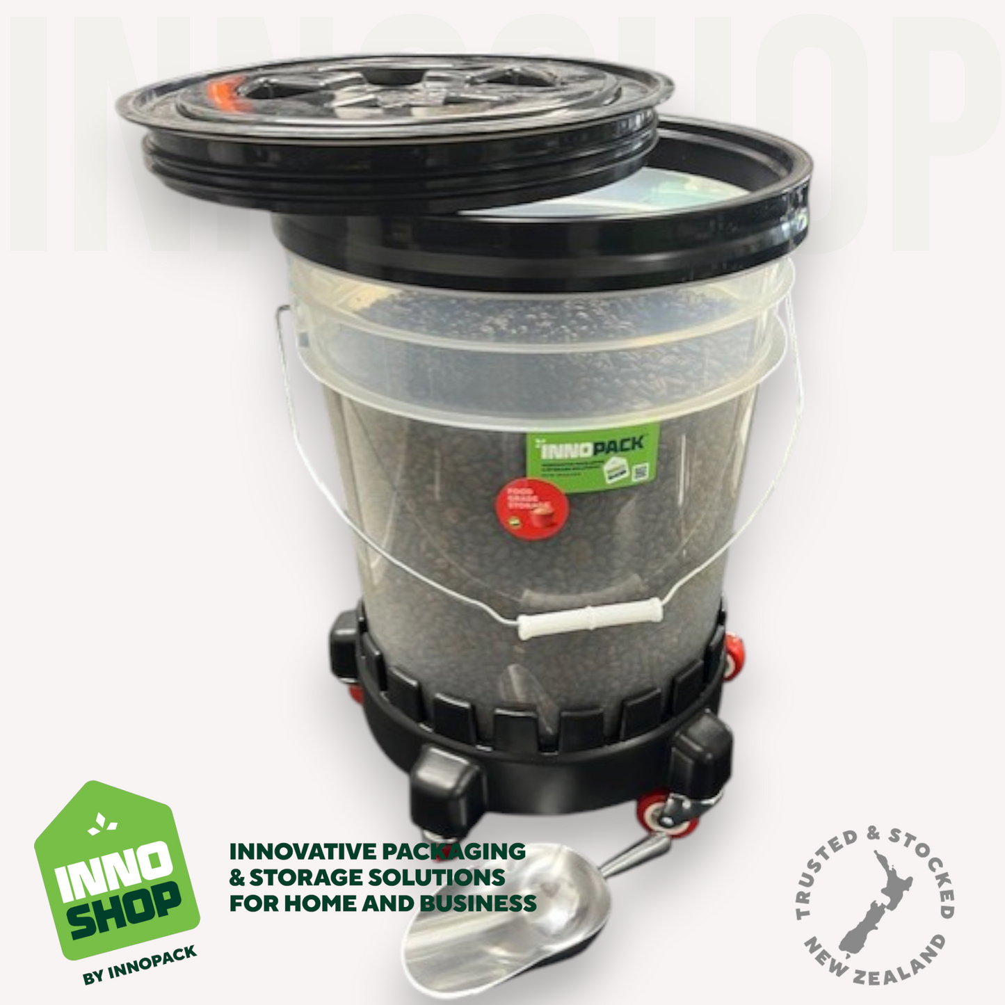 20L STORAGE PAIL & GAMMA SEAL SCREW LID & 350ML ALUMINIUM SCOOP & TROLLEY